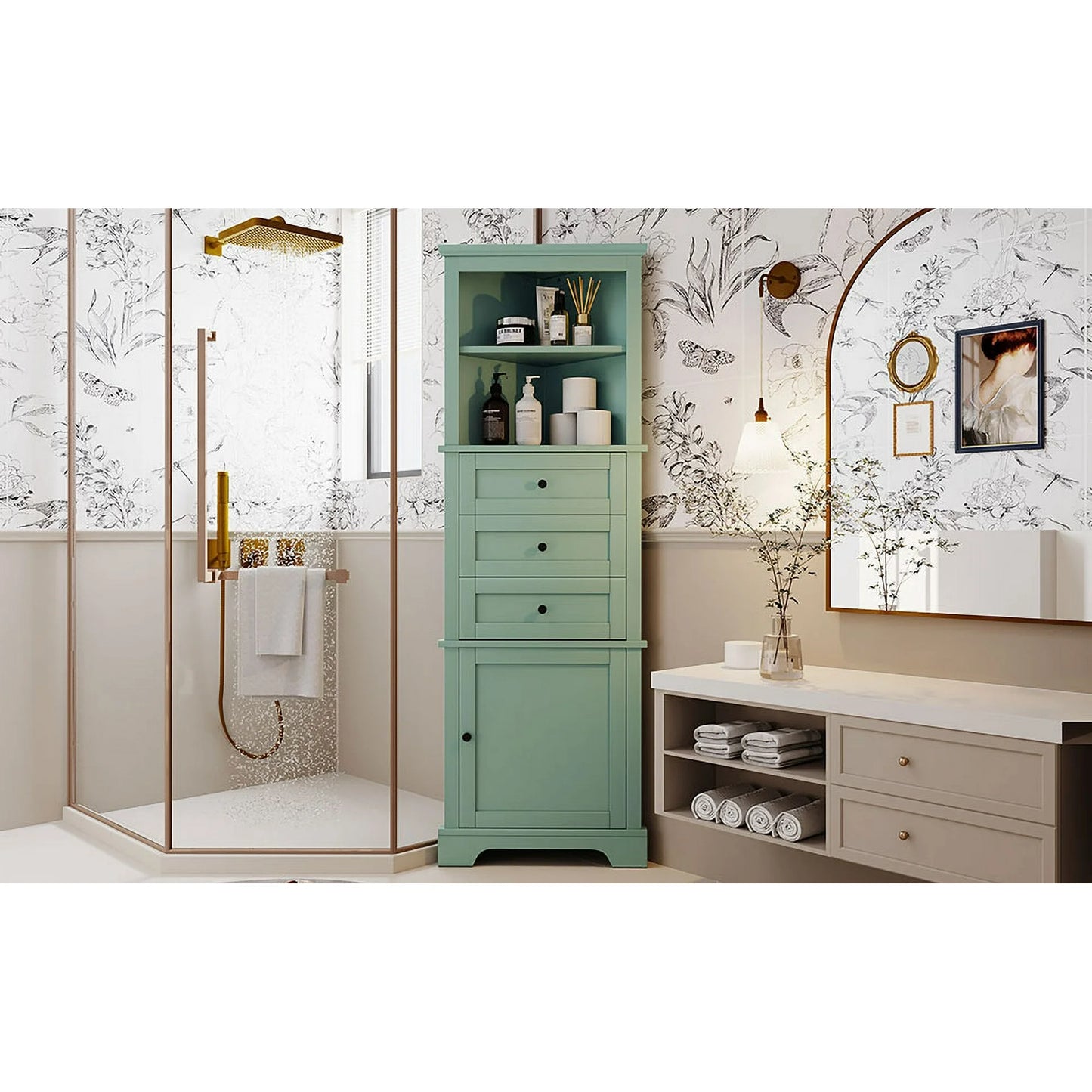 Triangle Tall Corner Cabinet – Drawers & Adjustable Shelves with Door