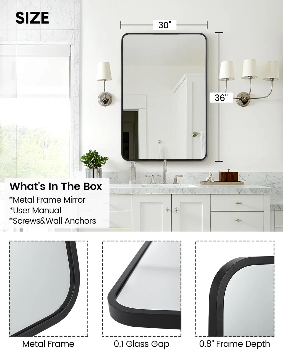 Aluminum Alloy & Resin Bathroom Mirror – 20mm Frame, Wall-Mount, No LED