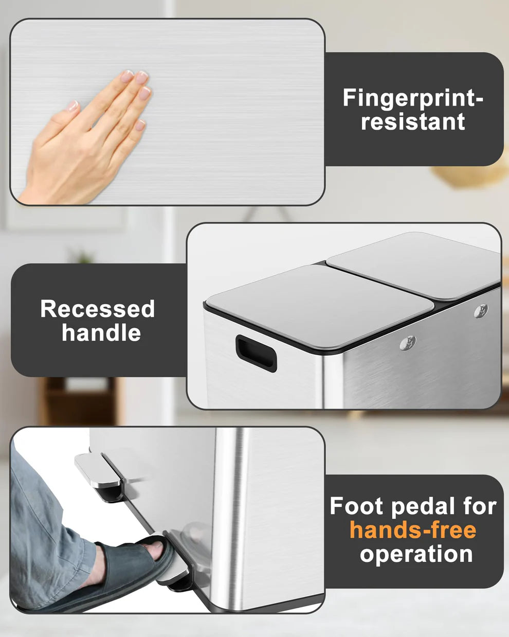 Double Barrel Rectangular Pedal Trash Can – 2×30L, Stainless Steel & Plastic