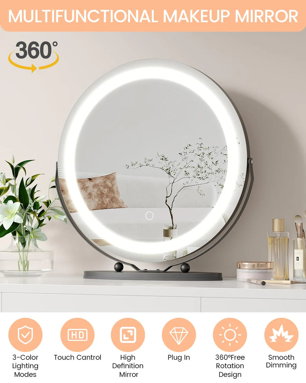 1 Set Of Aluminum Alloy + Glass Desktop Led Makeup Mirror