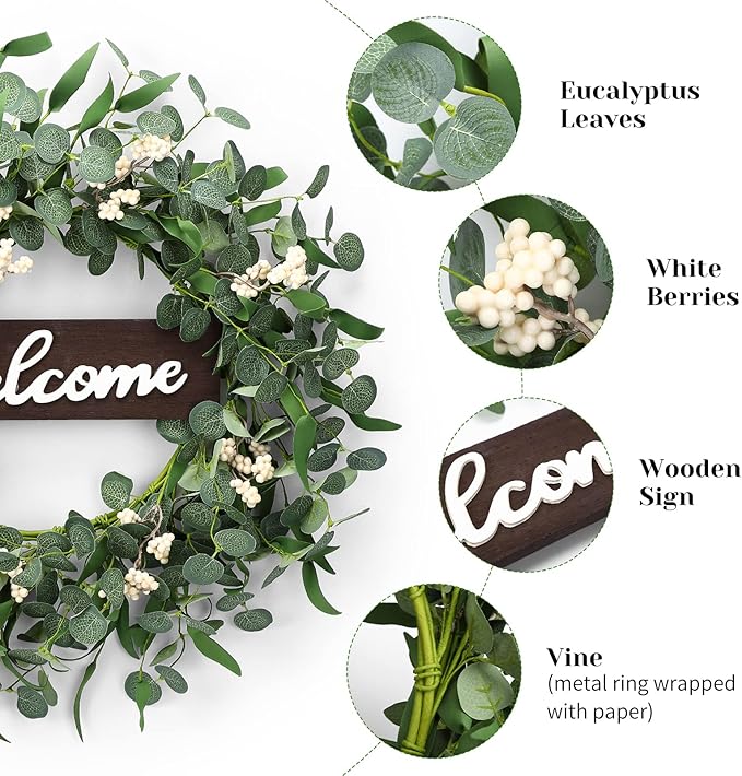 Wooden Welcome Sign with Eucalyptus Wreath – 1 Piece
