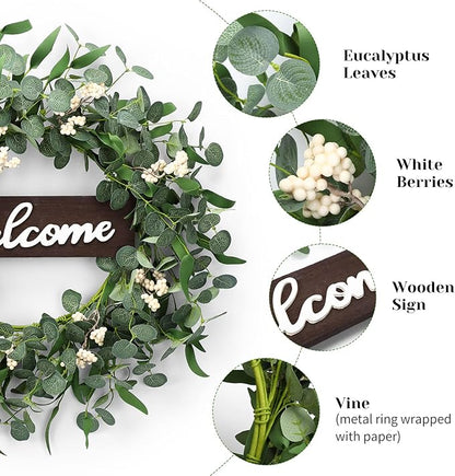 Wooden Welcome Sign with Eucalyptus Wreath – 1 Piece