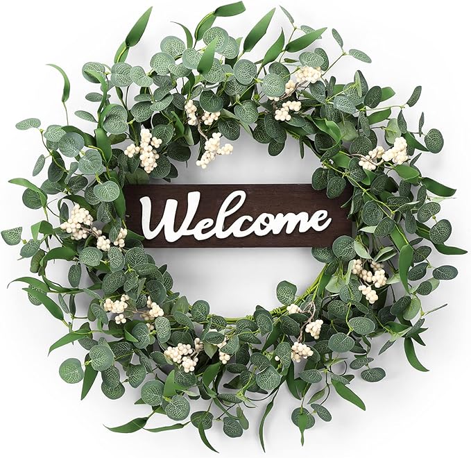 Wooden Welcome Sign with Eucalyptus Wreath – 1 Piece