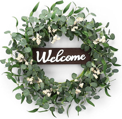 Wooden Welcome Sign with Eucalyptus Wreath – 1 Piece