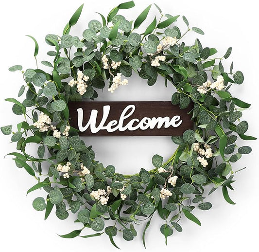 Wooden Welcome Sign with Eucalyptus Wreath – 1 Piece