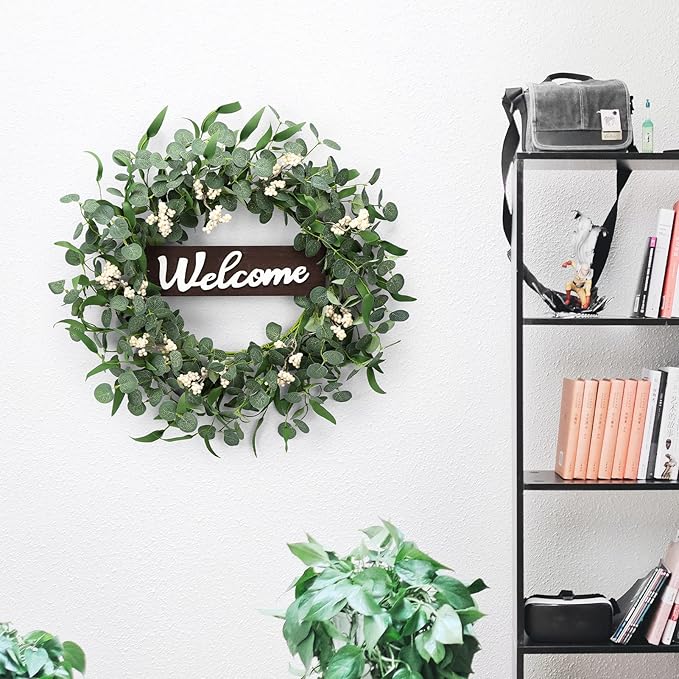 Wooden Welcome Sign with Eucalyptus Wreath – 1 Piece