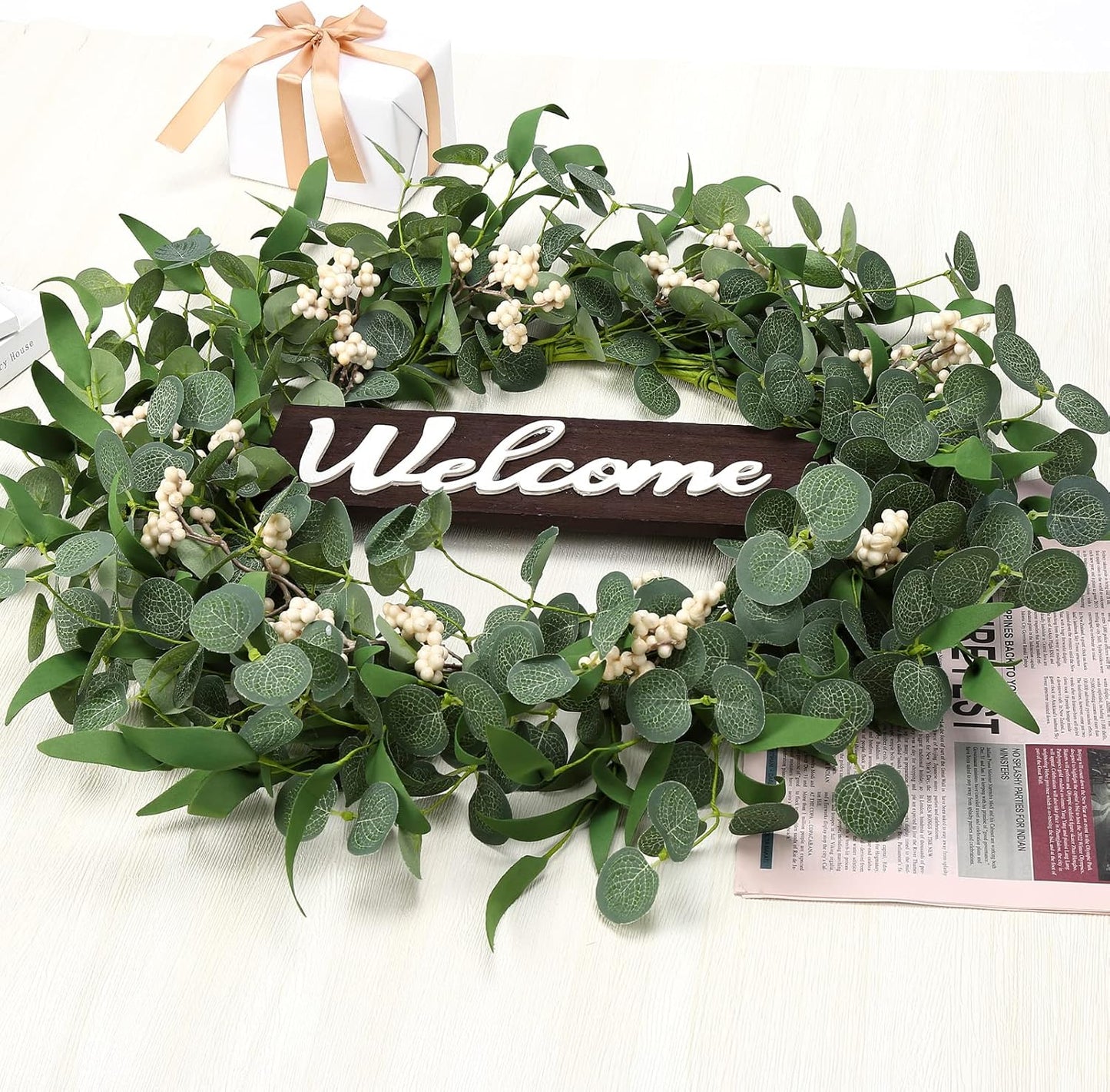 Wooden Welcome Sign with Eucalyptus Wreath – 1 Piece