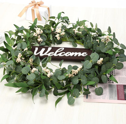 Wooden Welcome Sign with Eucalyptus Wreath – 1 Piece