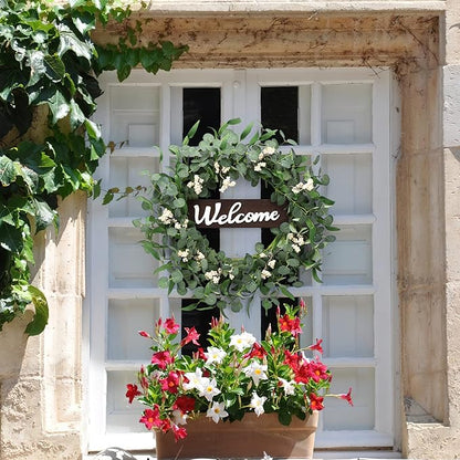 Wooden Welcome Sign with Eucalyptus Wreath – 1 Piece