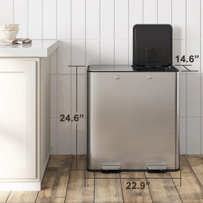 Double Barrel Rectangular Pedal Trash Can – 2×30L, Stainless Steel & Plastic