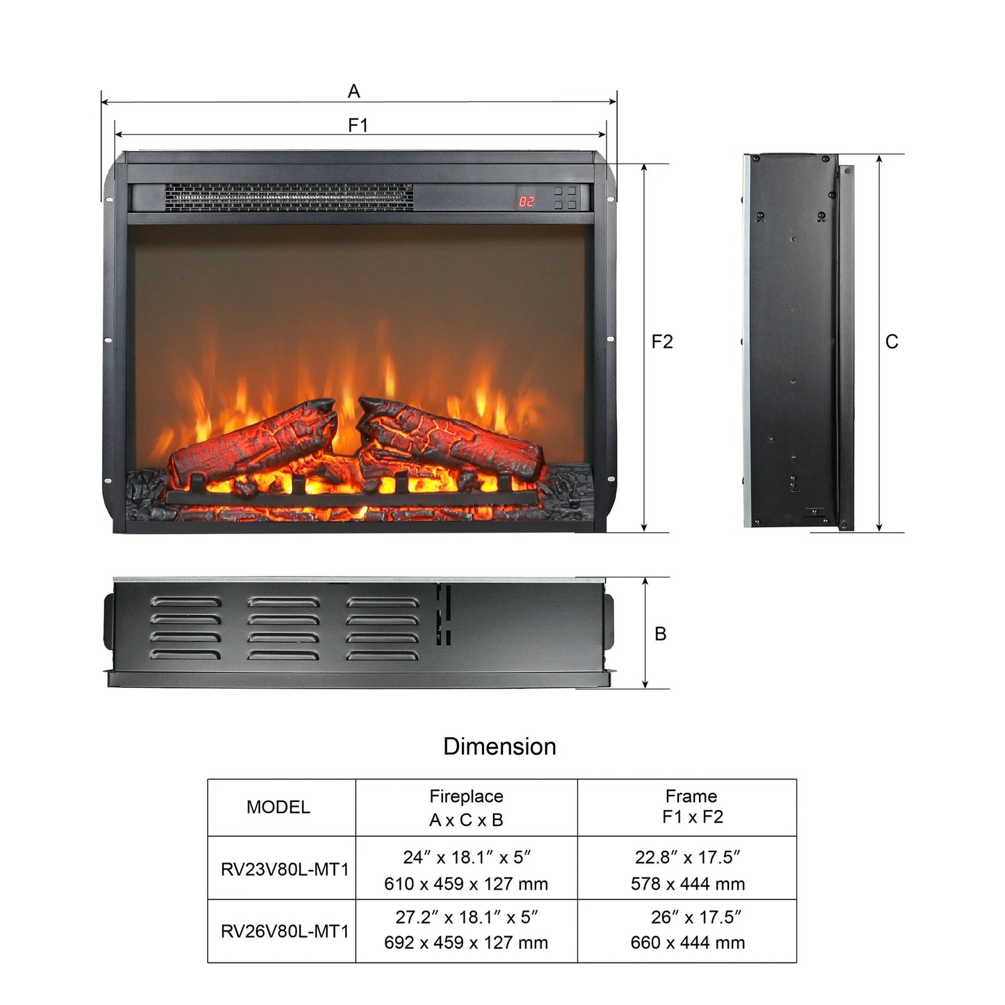 23" Electric Fireplace Stove Insert – 3D Flame with Remote Control