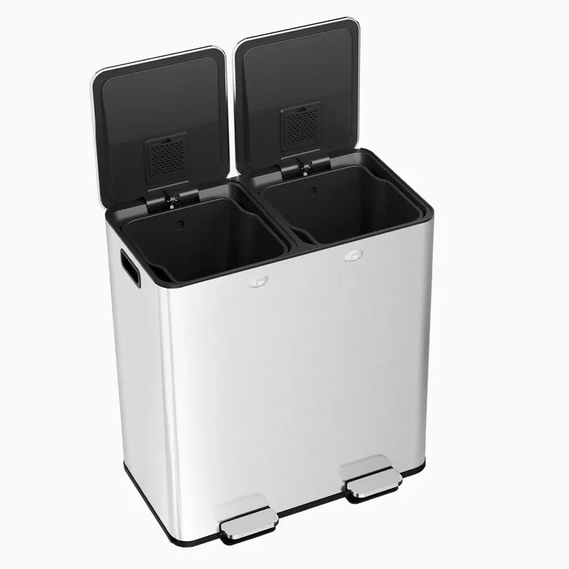 Double Barrel Rectangular Pedal Trash Can – 2×30L, Stainless Steel & Plastic