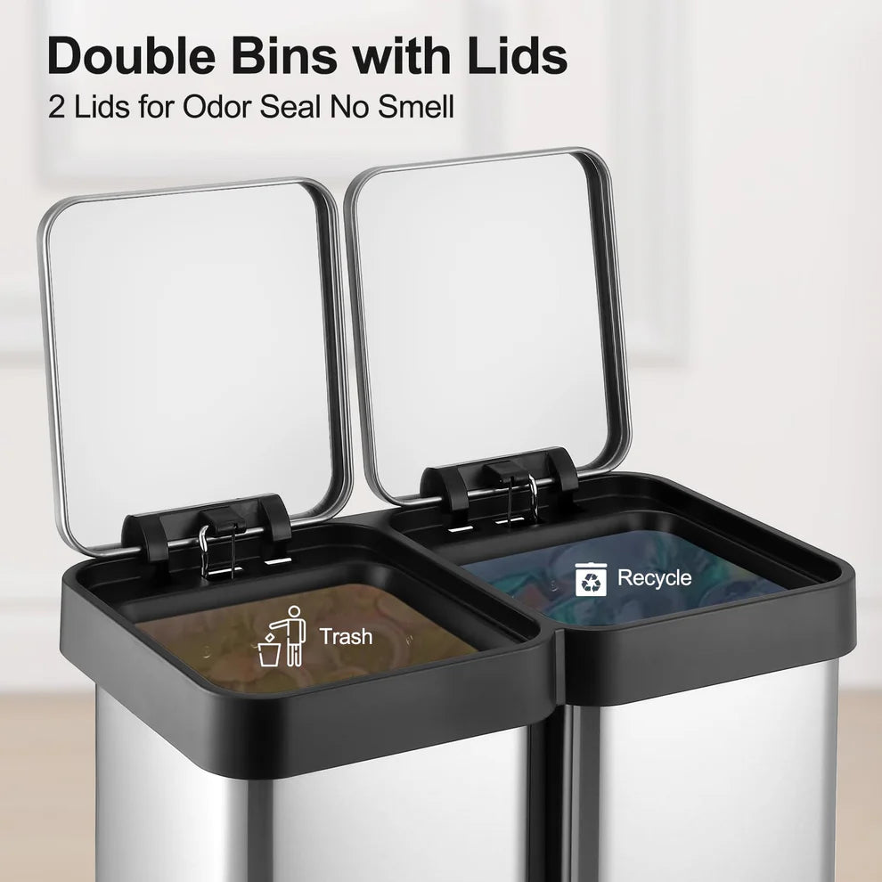 60L Pedal Sorting Trash Can (30L+30L) – 410 Stainless Steel, PP & ABS